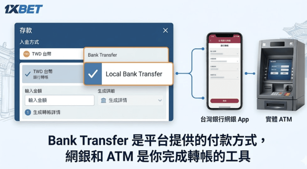 1xBet Bank Transfer入金教學：台灣網銀ATM轉帳完整指南